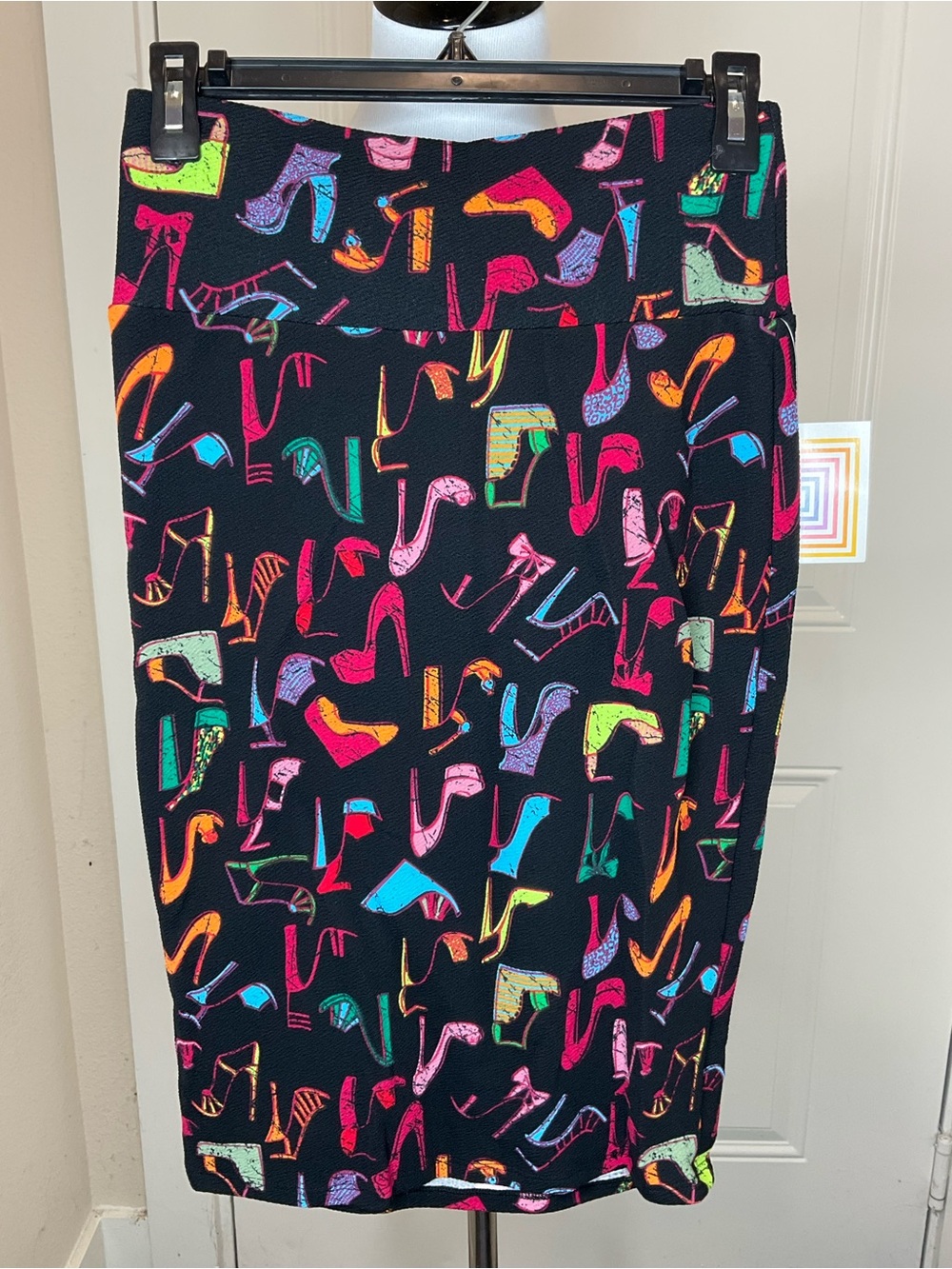 LuLaRoe Cassie Black Pencil Skirt with Neon Shoe Print
